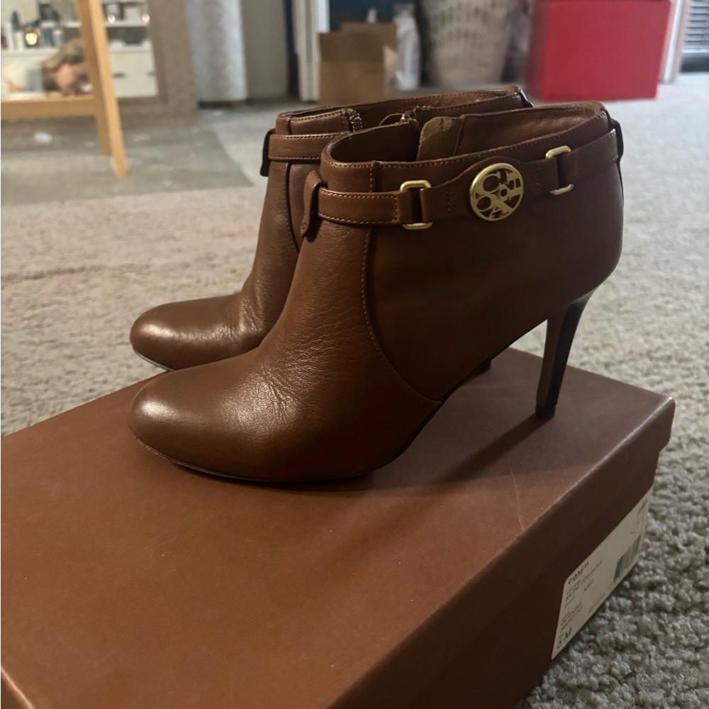 Coach Brown Leather Ankle Booties with Gold Accents
